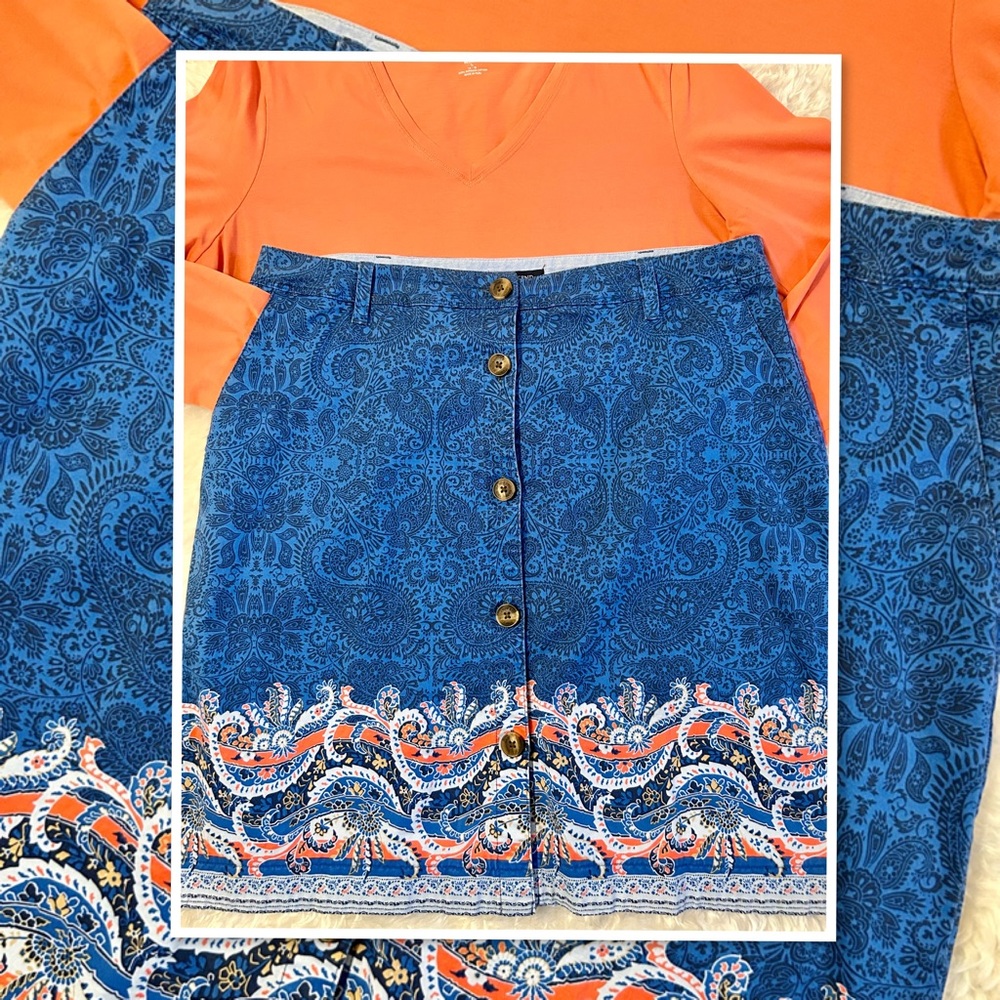 LANDS END WOMENS BLUE PAISLEY BUTTON FRONT SKIRT 14